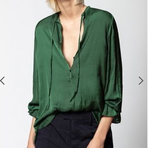 Zadig & Voltaire till satin long sleeve emerald blouse XS button up peasant